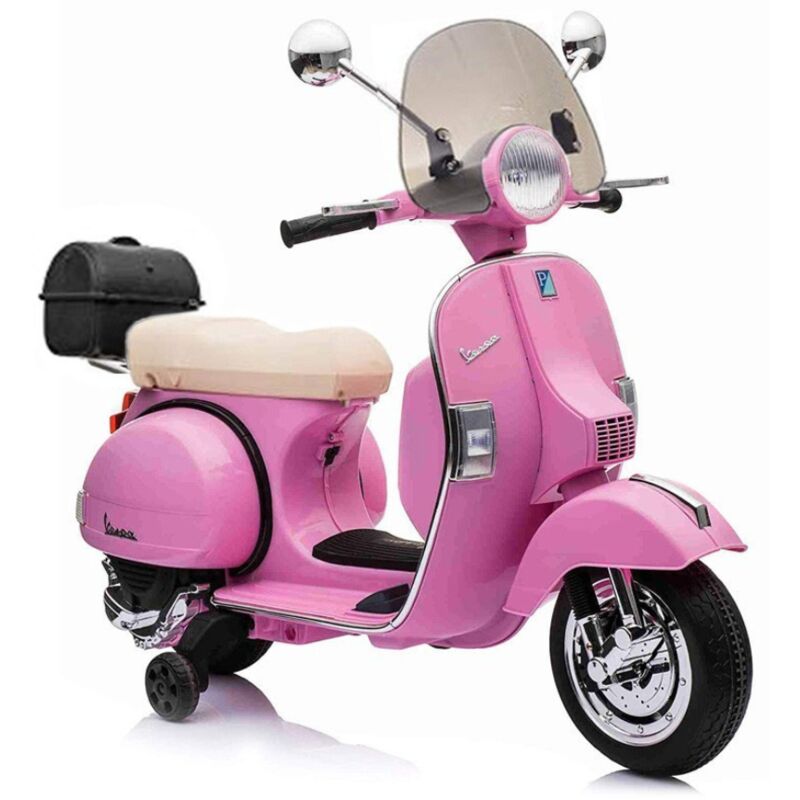 foto del prodotto moto scooter elettrico per bambini piaggio vespa px150 full con parabrezza e bauletto 12v rosa