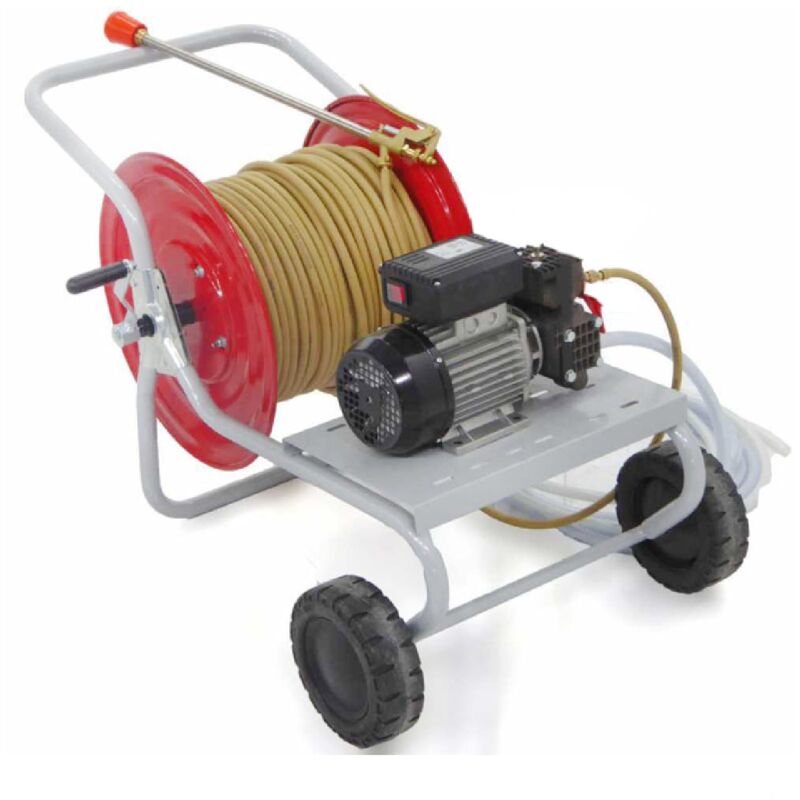 foto del prodotto motopompa irroratrice con motore 4t e carrello avvolgitubo a benzina 2.3 hp
