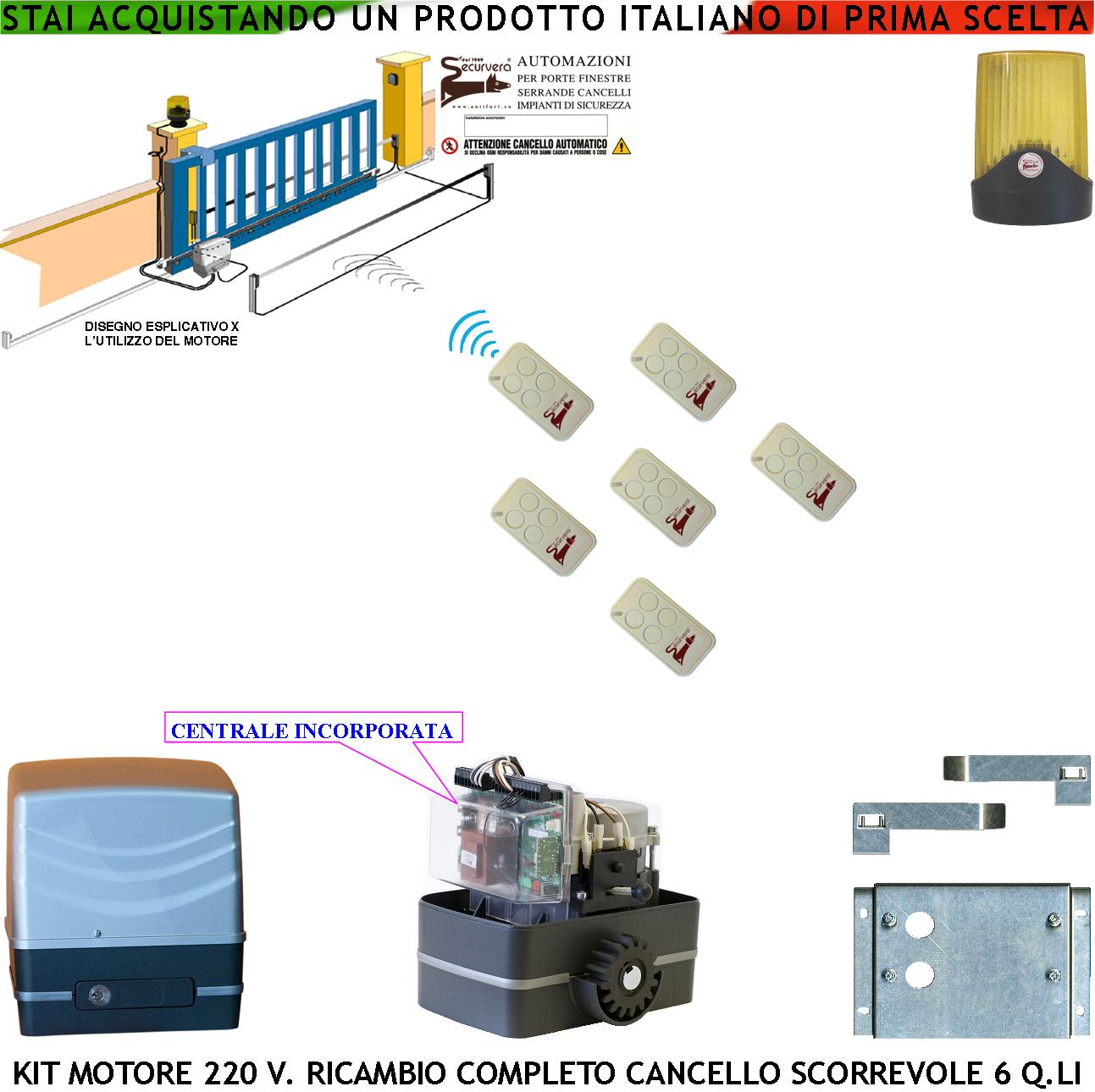 foto del prodotto motore 230 v ricambio per cancello scorrevole traina 6 q.li 6 radiocomandi faro pignone acciaio z12 fine corsa elettromeccanico con guide 2 chiavi sblocco emergenza compatibile con qualsiasi marca ce