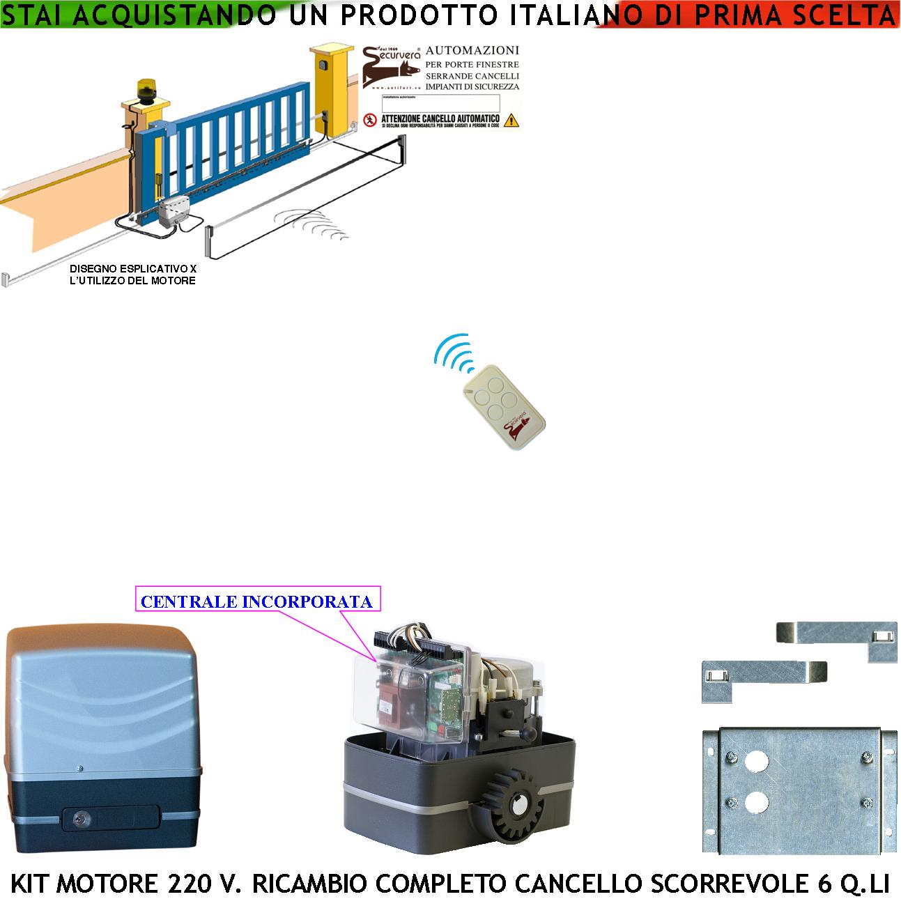 foto del prodotto motore 230 v ricambio per cancello scorrevole traina 6 q.li radiocomando pignone acciaio m4 z12 fine corsa elettromeccanico guide d'invito 2 chiavi sblocco emergenza compatibile con qualsiasi marca ce