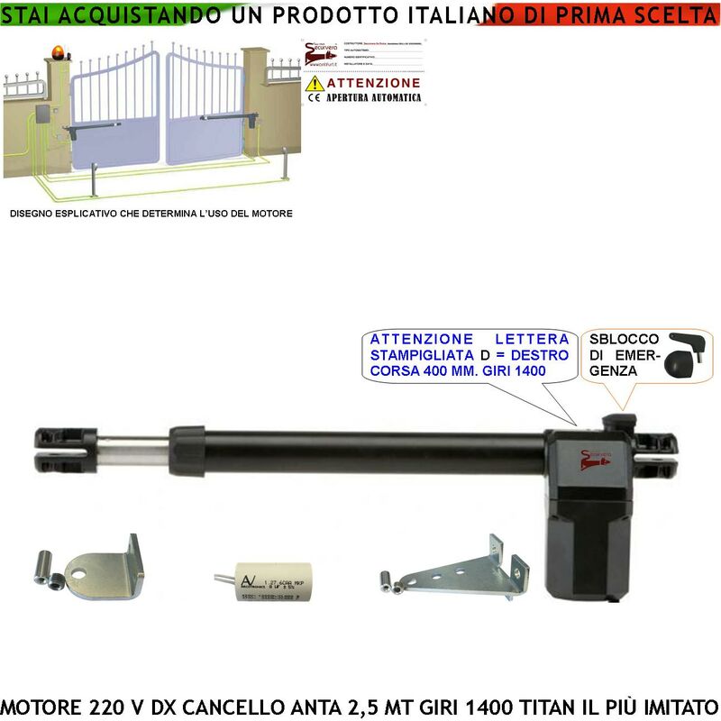 foto del prodotto motore cancello 230 v destro titan corsa stelo di 400 mm anta 2,5 mt sblocco a chiave dotato di staffe e bulloni di fissaggio assorbimento 1,8 a ip55