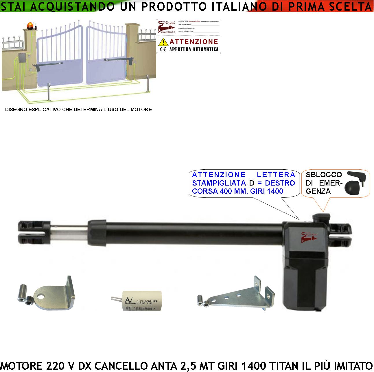 foto del prodotto motore cancello 230 v destro titan corsa stelo di 400 mm anta 2,5 mt sblocco a chiave dotato di staffe e bulloni di fissaggio assorbimento 1,8 a ip55 corpo in alluminio pressofuso protezione 135