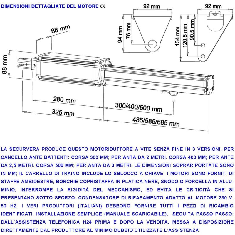 foto del prodotto motore elettromeccanico 220 v cancello battente anta 2,5 metri corsa carrello 400 mm sblocco a chiave ricambio automazione originale securvera con