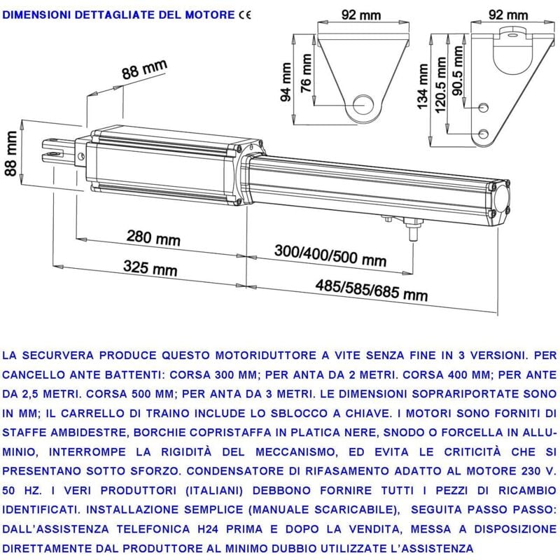 foto del prodotto motore elettromeccanico 220 v corsa 400 mm ricambio cancello elettrico anta 2,5 metri sblocco a chiave ricambio originale securvera finecorsa