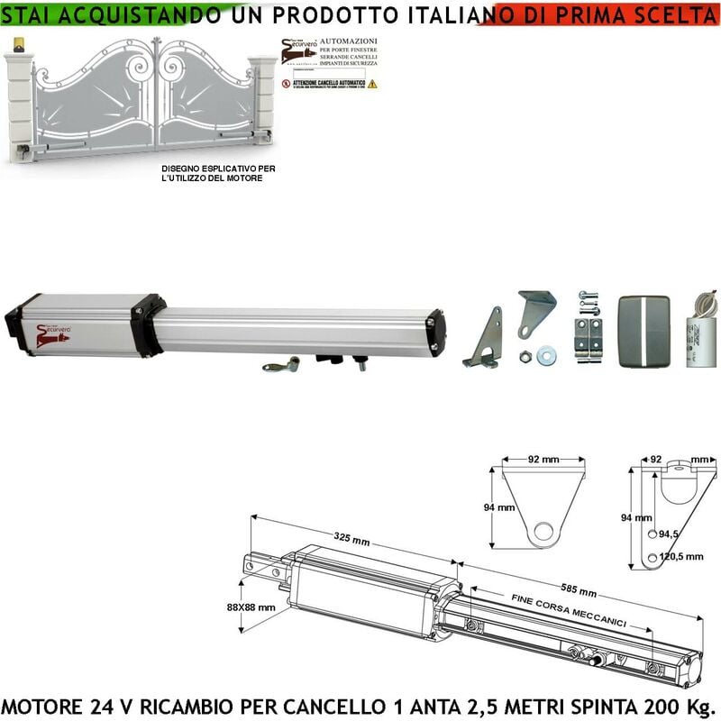 foto del prodotto motore elettromeccanico 24 vcc cancello battente anta 2,50 metri corsa carrello 400 mm con sblocco a chiave ricambio automatismo originale securvera