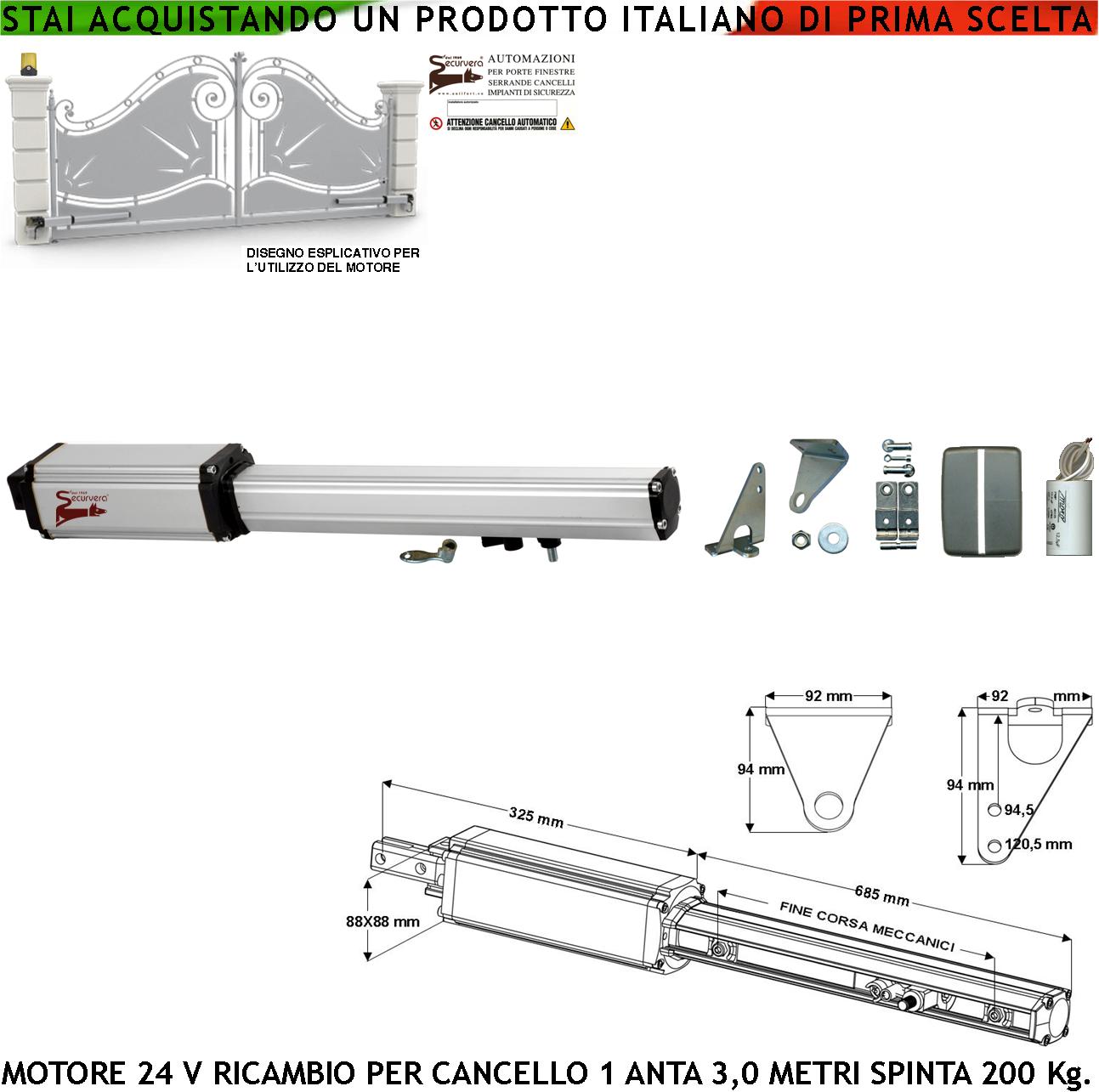 foto del prodotto motore elettromeccanico 24 vcc cancello battente anta 3 metri corsa carrello 500 mm con sblocco a chiave ricambio automatismo originale securvera con finecorsa meccanici completo di staffe bulloni compatibile vds came misure 810x88x88 mm