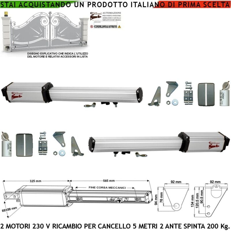 foto del prodotto motori elettromeccanici attuatore 220 v corsa 400 mm spinta 2 q.li ricambio cancello automatico 5 metri 2 ante 2 condensatori 16 f kit staffe chiave