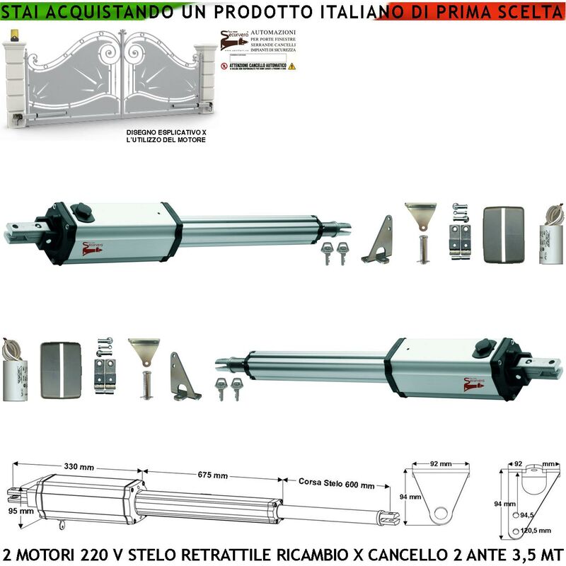 foto del prodotto motori elettromeccanici stelo retrattile corsa 600 mm 230 v per cancello battente 7 metri 2 ante 3,5 mt spinta 250 kg sblocco a chiave ricambio