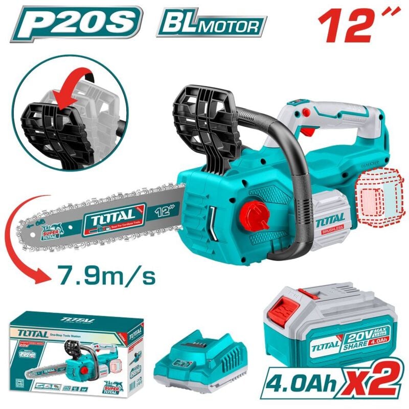 foto del prodotto motosega a batteria 20v brushless da 12 con 2 batterie 4ah e caricatore