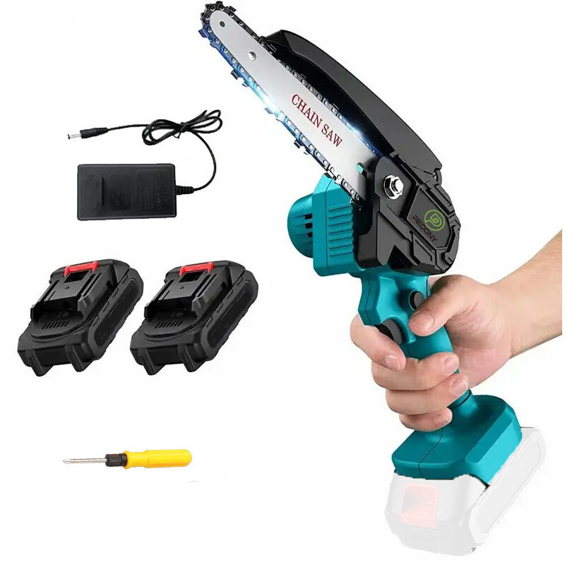 foto del prodotto motosega a batteria, mini motosega a batteria da 6 pollici, potente sega a costo di legno con batteria 2x 3.0a e caricabatterie dc18rc, compatibile