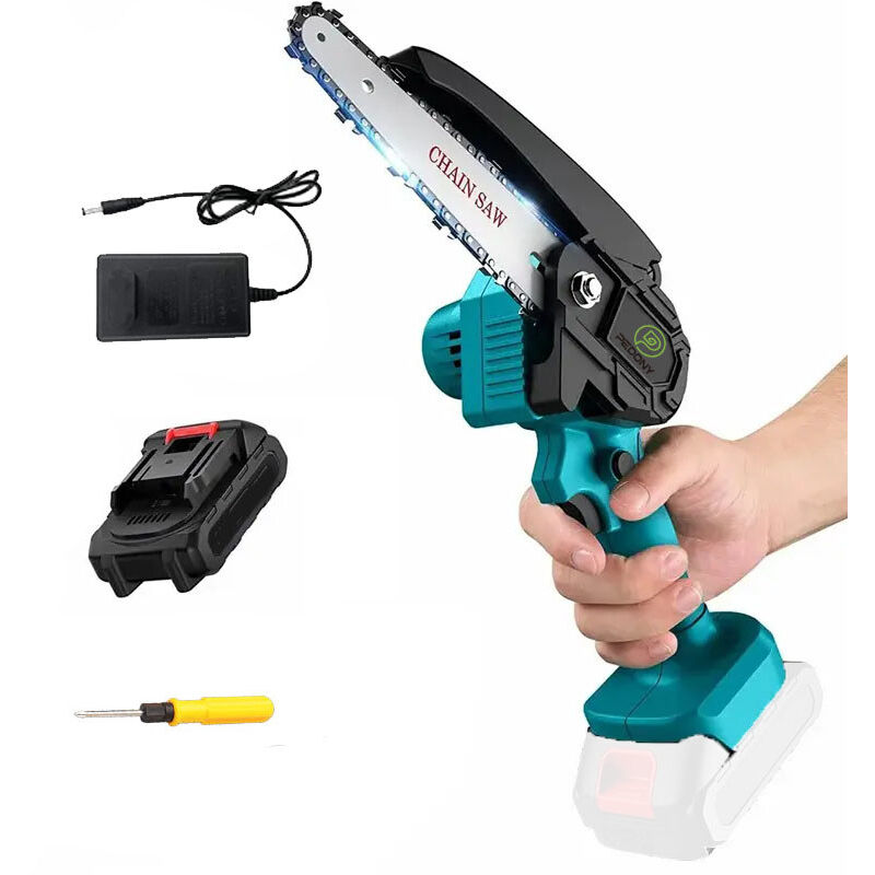 foto del prodotto motosega a batteria, mini motosega a batteria da 6 pollici, potente sega a costo di legno con batteria 3.0a e caricabatterie dc18rc, compatibile con
