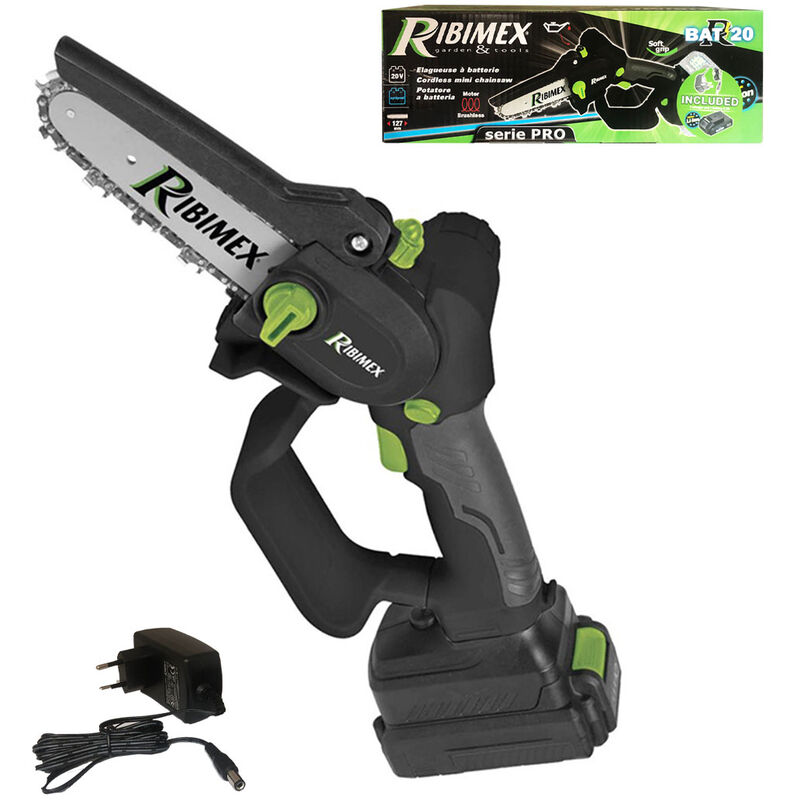 foto del prodotto motosega da pota a batteria 20 v mini elettrosega potatura batteria 2 ah ribimex prbat20 elag