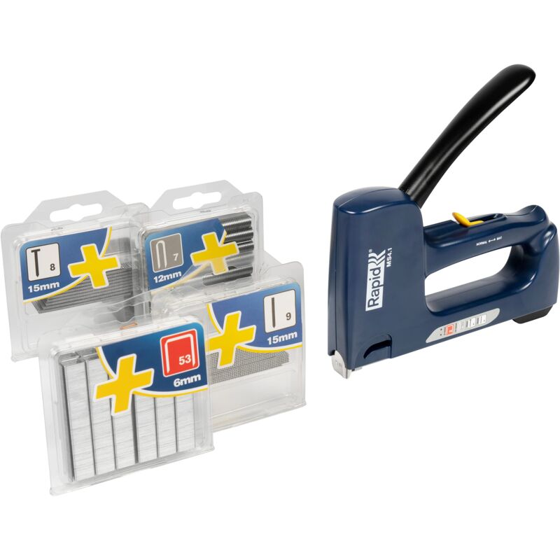 foto del prodotto ms4.1 pistola multifunzione 4 in 1 per graffette n. 53 e n. 7, chiodi n. 8 e spilli n.9, dotata di impugnatura ergonomica e parti interne in acciaio,