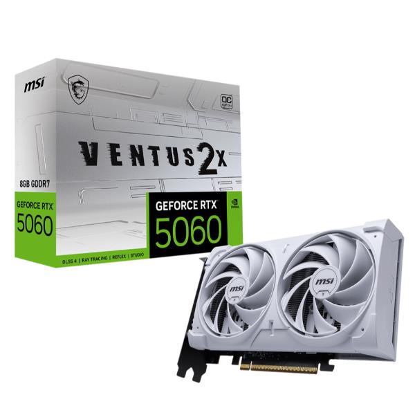 foto del prodotto msi vga geforce rtx 5060, rtx 5060 8g ventus 2x oc white, 8gb gddr7, hdmi dp 3, atx, dual fan, oc, b
