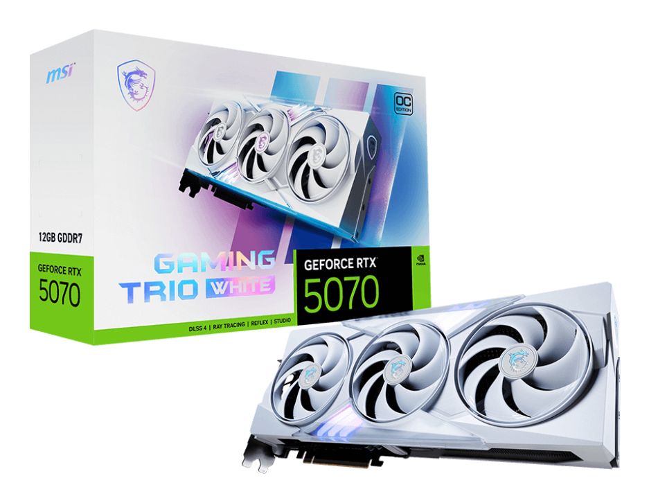 foto del prodotto msi vga geforce rtx 5070, rtx 5070 12g gaming trio oc white, 12gb gddr7, hdmi dp 3, tri frozr, atx,