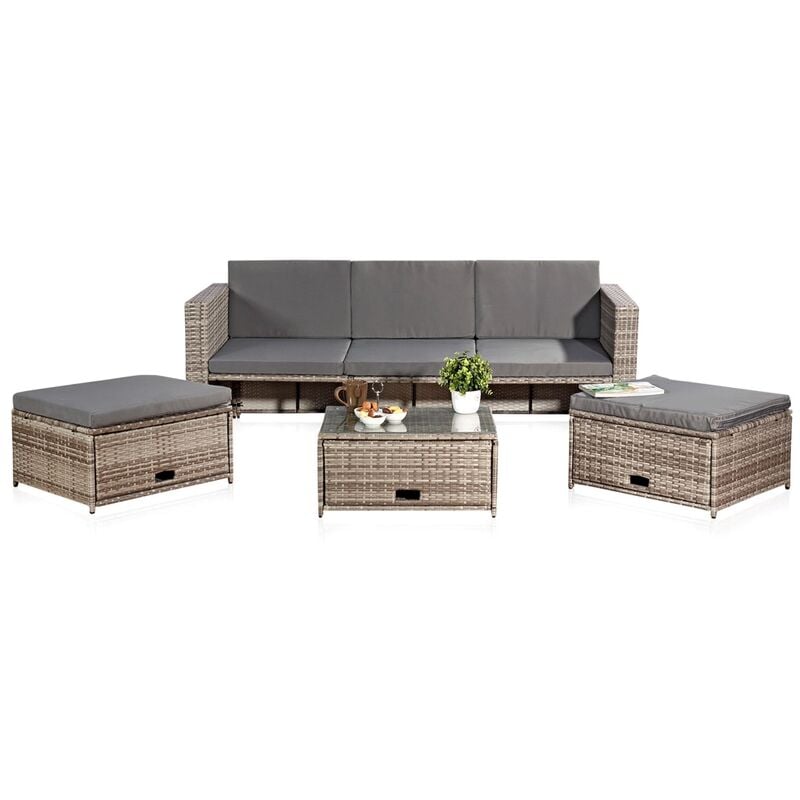 foto del prodotto mucola polyrattan mobili da salotto set divano tavolo 2 sgabelli grigio salotto giardino set di mobili in rattan