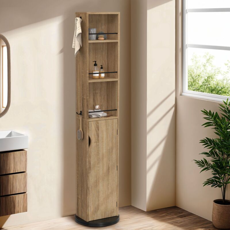 foto del prodotto mueble de ba o giratorio con espejo, armario y estantes en haya y negro