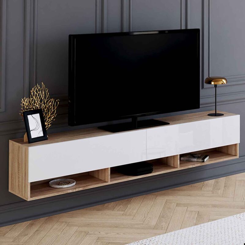 foto del prodotto mueble tv suspendido elio 2 puertas con estantes de madera y blanco 180 cm