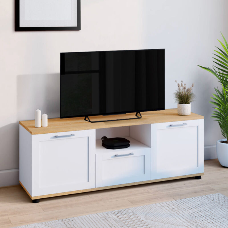 foto del prodotto mueble tv vito con caj n y hornacina blancos y encimera de madera de 110 cm