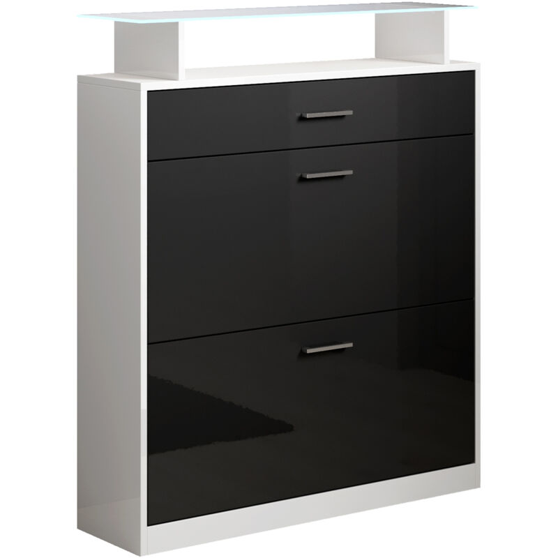 foto del prodotto muebles bonitos mobile da ingresso scarpiera da ingresso 3 cassetti entratina da atrio 105x89x24cm modello paola bianco e nero finitura lucida led