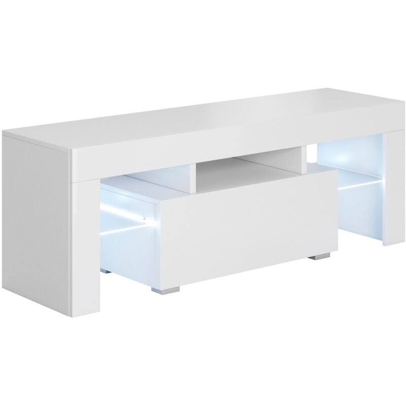 foto del prodotto muebles bonitos mobile tv con led mobile da soggiorno porta tv salotto stilo moderno 1 cassetto 130x45x35cm modello elio bianco finitura lucida