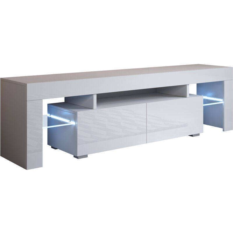 foto del prodotto muebles bonitos mobile tv con led mobile da soggiorno porta tv salotto stilo moderno 2 cassetti 160x45x35cm modello unai bianco finitura lucida