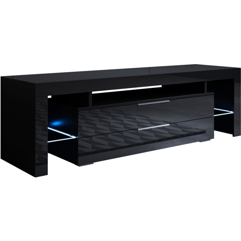 foto del prodotto muebles bonitos mobile tv con led mobile da soggiorno porta tv salotto stilo moderno 2 cassetti 160x53x35cm modello selma nero finitura lucida
