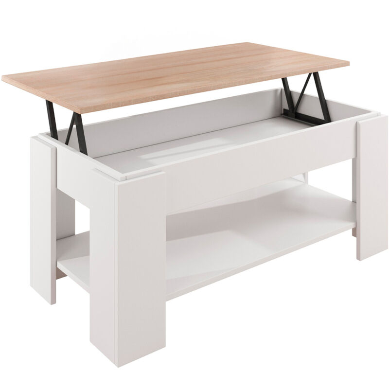 foto del prodotto muebles bonitos tavolino basso da caff tavolino alzabile sollevabile salotto elevabile 100x50x43,5 52,3 cm modello nicoleta bianco lucido sonoma