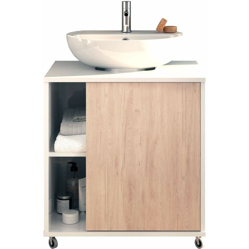 foto del prodotto muebles pitarch mobile basso per lavabo, armadietto da bagno, larghezza 60cm, con ruote, 1 porta a sinistra o a destra, bianco e rovere aurora,