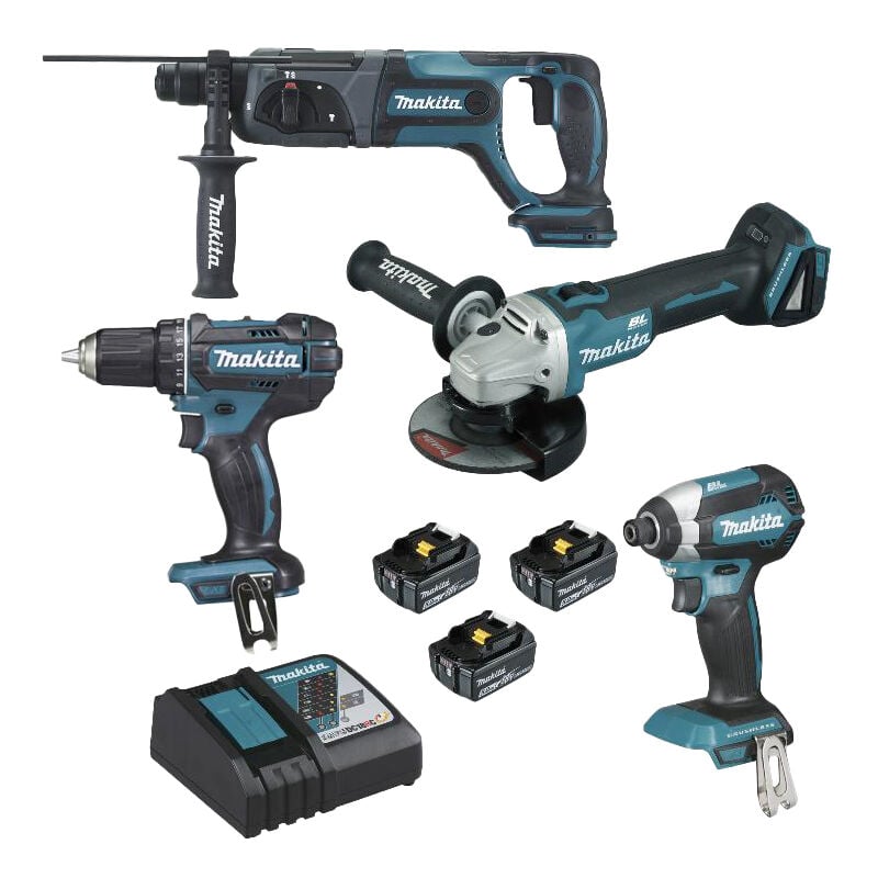 foto del prodotto mulliez et flory set 4 macchine lxt 18 v smerigliatrice dga504 trapano ddf482 perforatore dhr241 avvitatore dtd153 makita 3 batterie