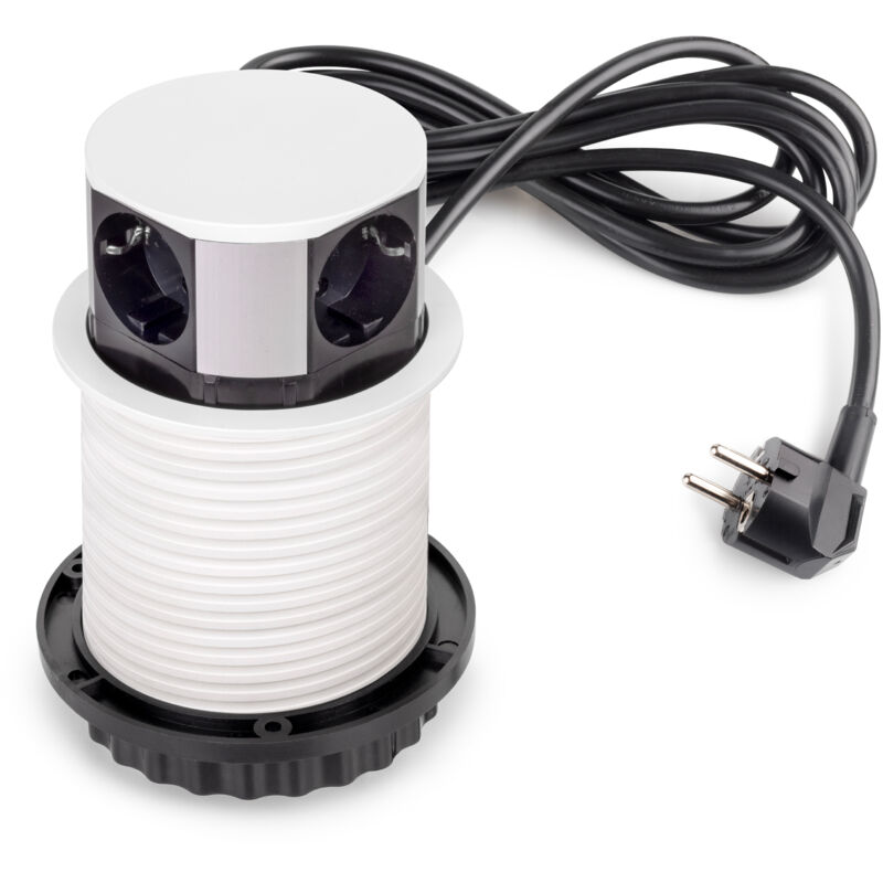 foto del prodotto multiconnettore vertikal push diametro 100mm, 3 spine di tipo schuko, 1 usb tipo a, 1 usb tipo c, acciaio e tecnoplastica, verniciato bianco - emuca