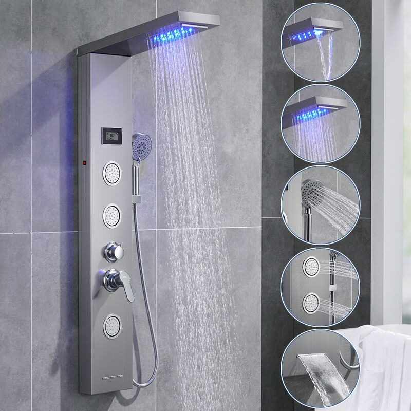 foto del prodotto multifunzione colonna doccia idromassaggio pannello doccia a pioggia led soffione doccia set acciaio inox spazzolato con indicatore della temperatura
