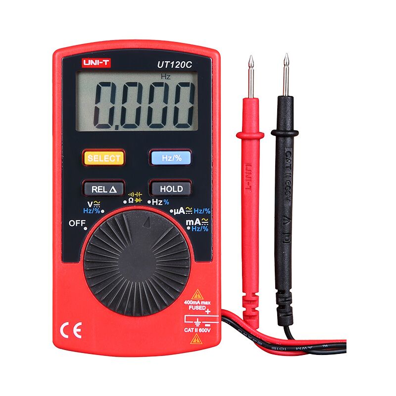 foto del prodotto multimetro digitale autorange uni-t ut-120a - funzioni tensione dc, tensione ac, resistenza, frequenza, duty cycle, prova diodi, test di continuità