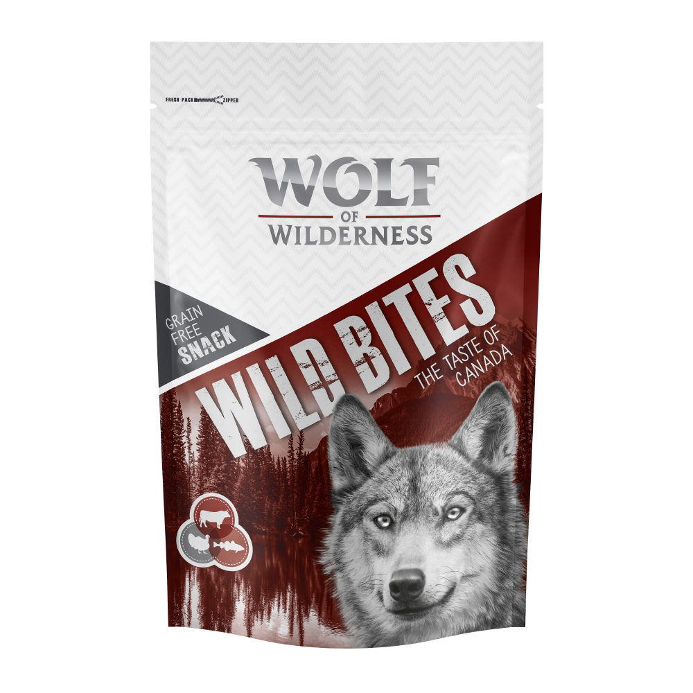 foto del prodotto multipack risparmio wolf of wilderness snack wild bites 3 x 180 g the taste of canada manzo, tacchino, merluzzo