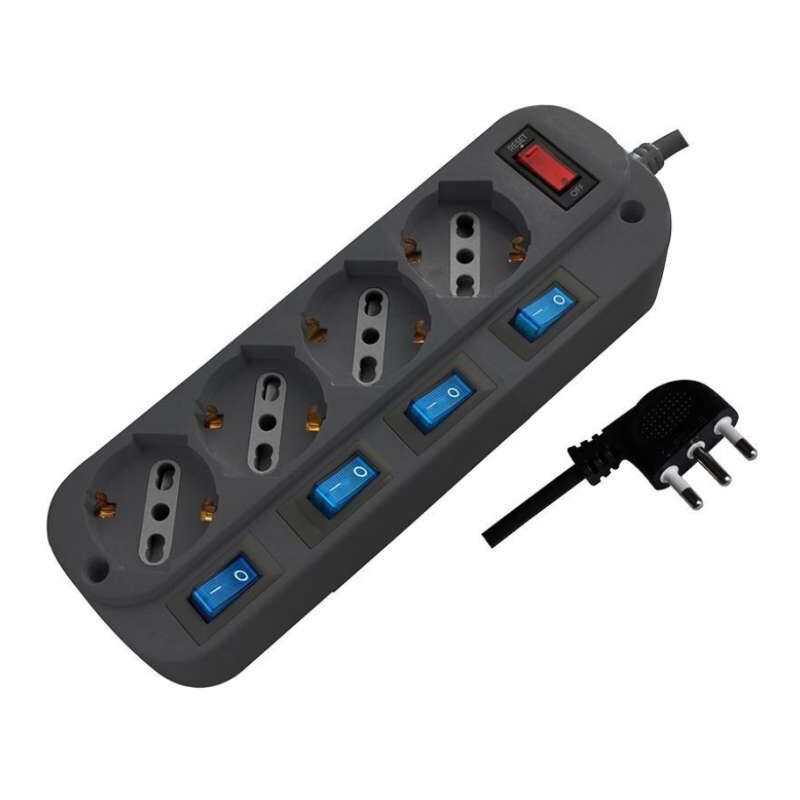 foto del prodotto multipresa 4 prese 10 16a 2p t bipasso schuko 4 interruttori e protezione sovraccarico 3500w cavo 1,5m spina 16a 2p t v tac