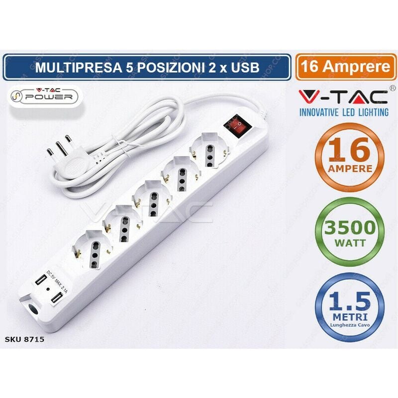 foto del prodotto multipresa 5 posti e 2 prese usb colore bianco con interruttore luminoso sku 8715 v tac