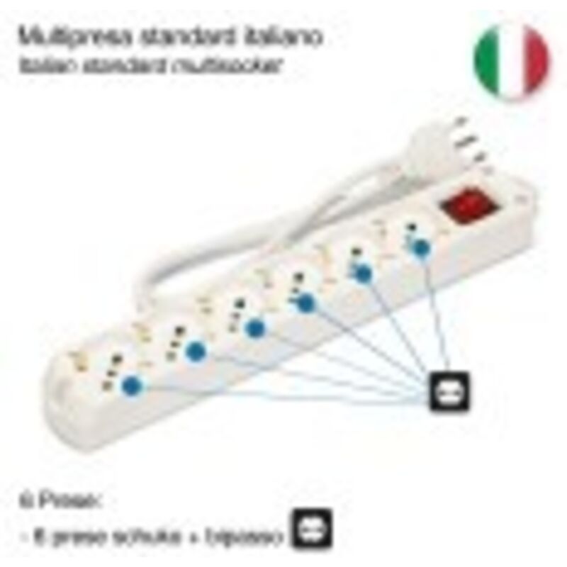 foto del prodotto multipresa - 6 prese polivalenti schuko 10 16a - spina grande 16a - interruttore luminoso colore bianco - velamp