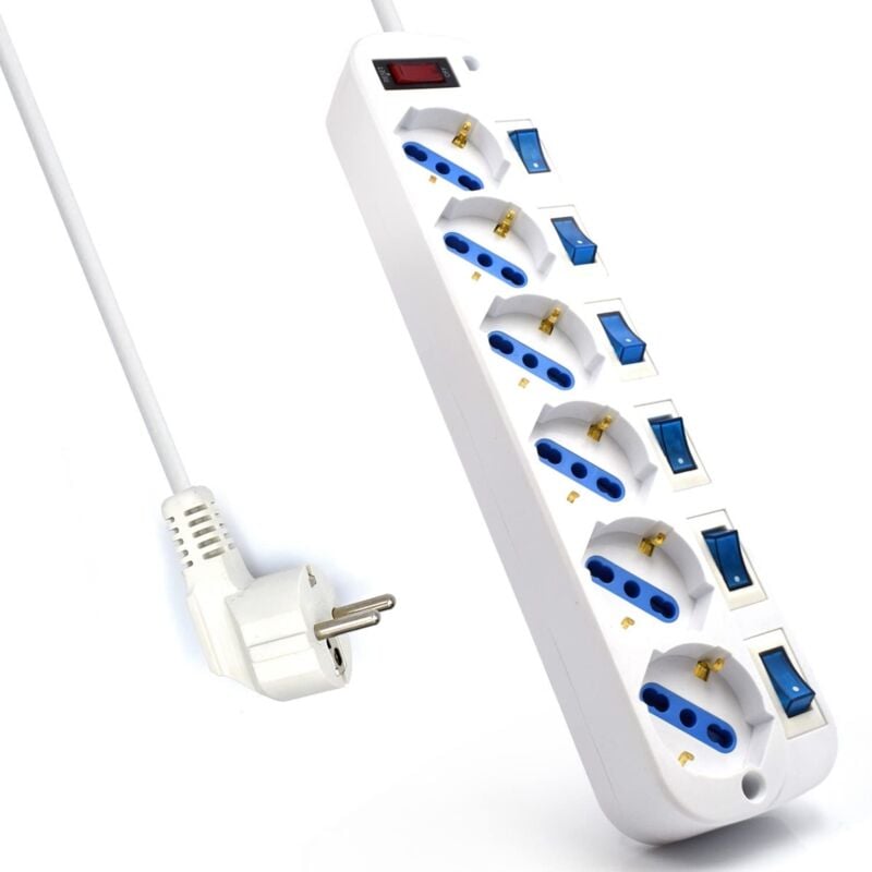 foto del prodotto multipresa a 6 posti, ciabatta elettrica con 6 prese italiane e schuko tedesche spina schuko tedesca potenza 250v 2500w cavo da 3 metri, prese