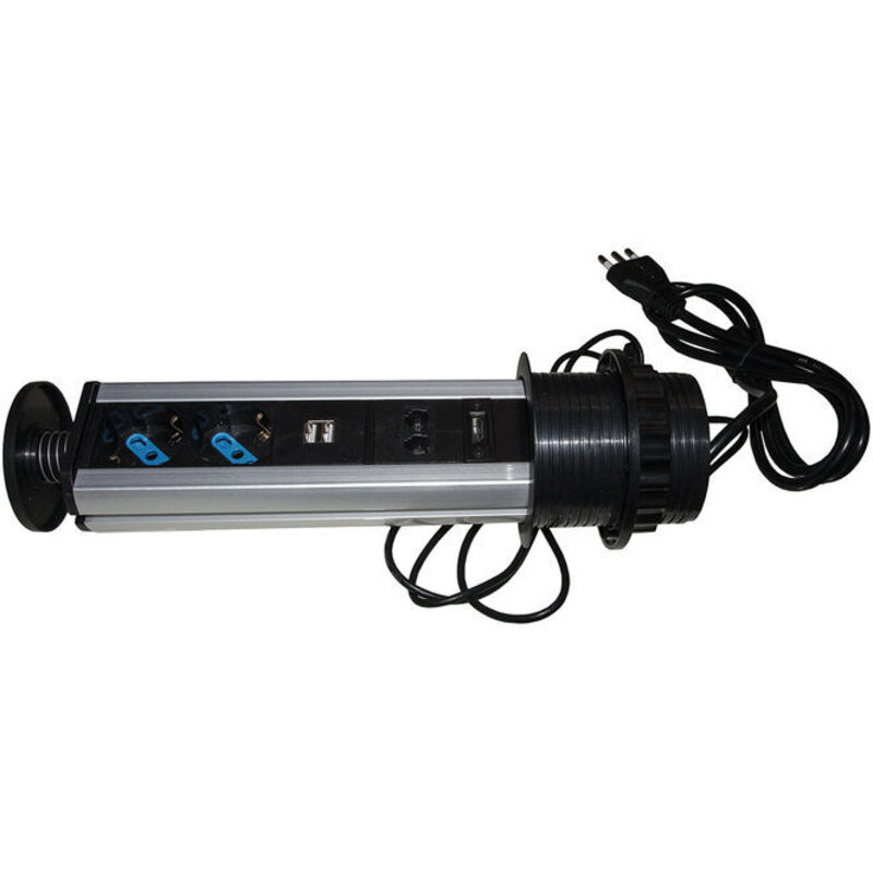 foto del prodotto multipresa a scomparsa lkmpt03 con 2 porte alimentazione ita schuko 2 porte usb 1 rj45 1 rj11 1 hdmi femmina in metallo nero dimensioni