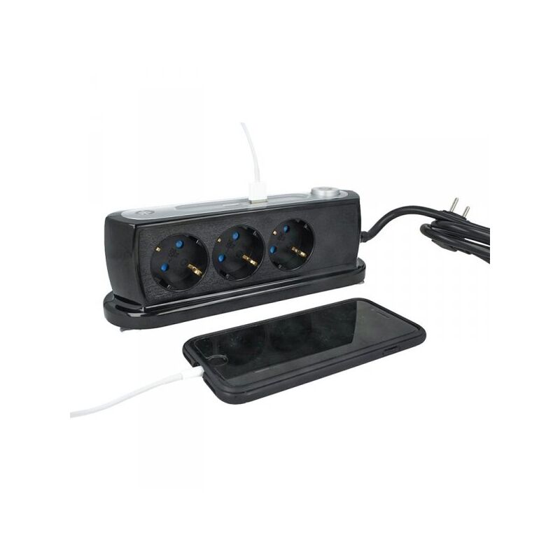 foto del prodotto multipresa ciabatta da tavolo 3 prese schuko 16a 2p e 2 porte usb 5v 2,4a con interruttore colore nero sku-8817