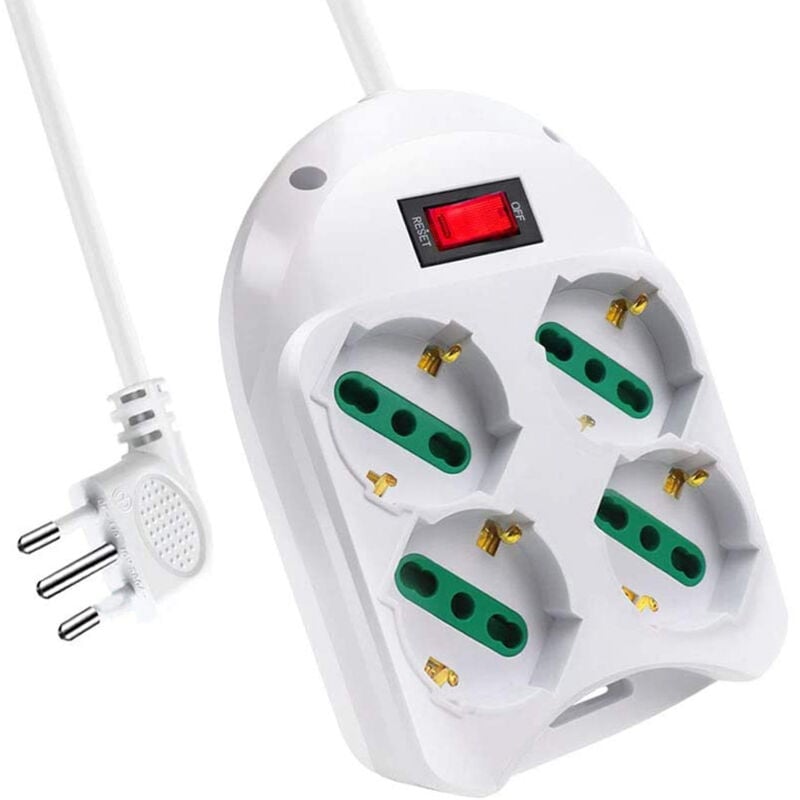 foto del prodotto multipresa ciabatta elettrica con 4 prese schuko 10 16a interruttore spina 10a laterale cavo 1,5m bianco