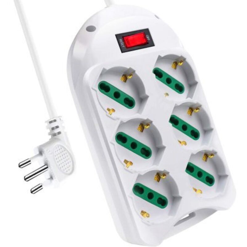 foto del prodotto multipresa ciabatta elettrica con 6 prese schuko 10 16a interruttore spina 10a laterale cavo 1,5m bianco