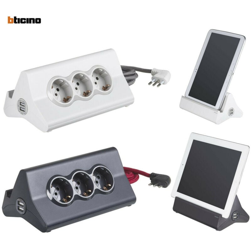 foto del prodotto multipresa ciabatta elettrica prese shuko usb interruttore porta tablet bticino colore grigio