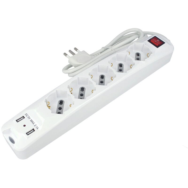 foto del prodotto multipresa ciabatta elettrica spina con 2 usb 2,1a cavo 1,5 metri 5 posti 2p t 10 16a bipasso schuko con interruttore sku-8715