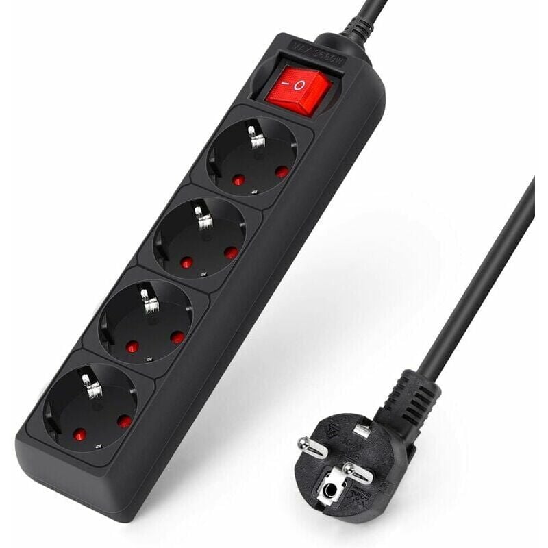foto del prodotto multipresa con interruttori singoli, con 4 prese e 3 blocco caricabatterie usb 3680w 16a cavo da 2m per smartphone tablet nero