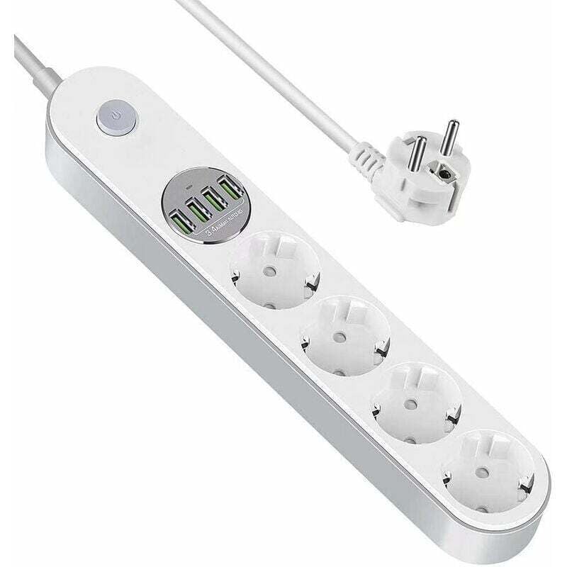 foto del prodotto multipresa con protezione da sovratensione con 4 prese e 4 prese usb protezione da sovraccarico e sovratensione, interruttore, cavo da 2 m