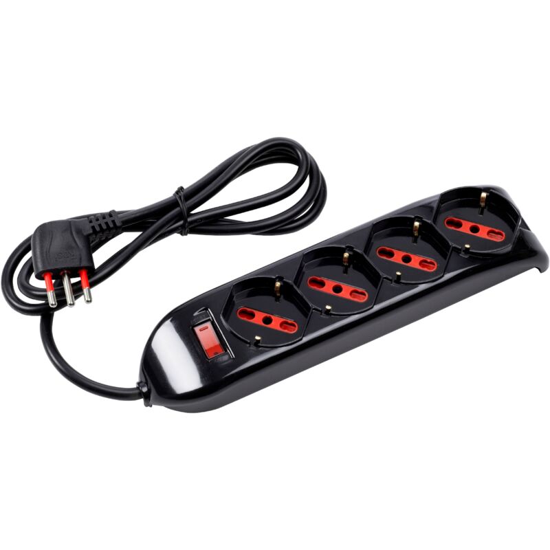 foto del prodotto multipresa con spina 10a piegata a 90 , 4 prese bipasso schuko 10a 16a, cavo 1,5 metri, con interruttore, nero, serie emilia rosi rs94073t