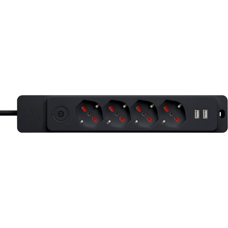 foto del prodotto multipresa con spina 16a piegata a 90 , 4 prese bipasso schuko 10a 16a e 2 prese usb, cavo 1,5 metri, con interruttore, nero, serie emilia specialist