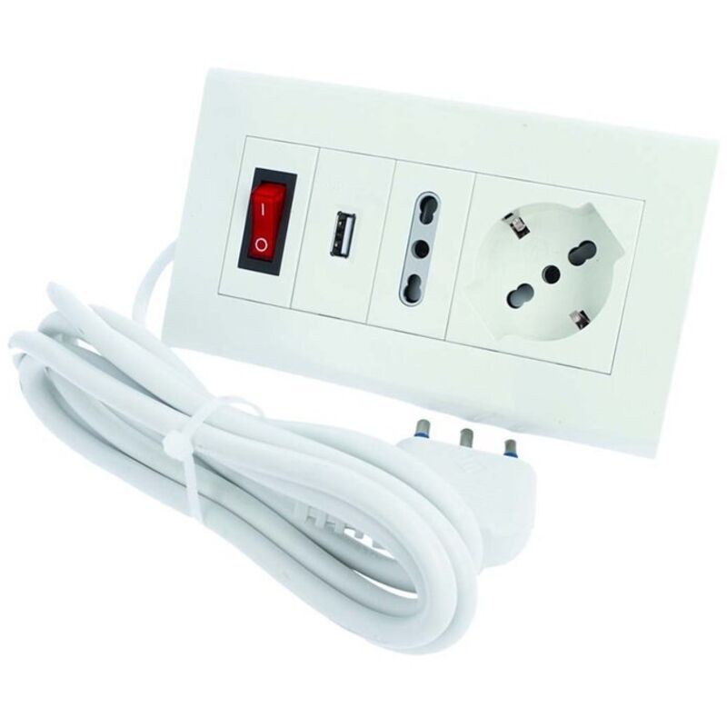foto del prodotto multipresa da tavolo con usb bianco 1 presa schuko 1 presa bipasso 10/16a interruttore spina 16a cavo 2 metri
