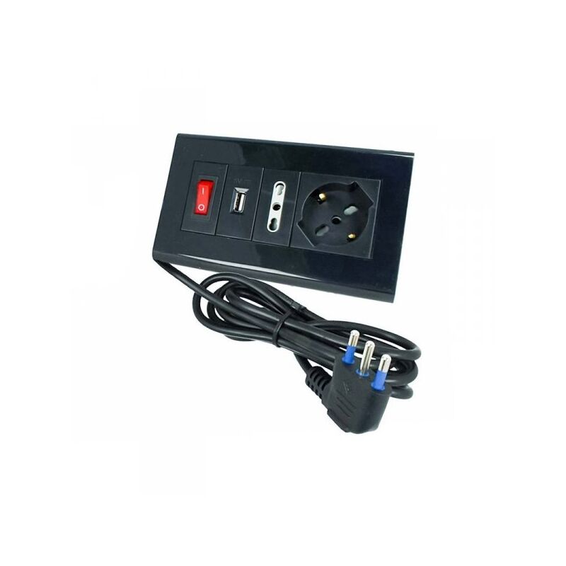 foto del prodotto multipresa da tavolo con usb nero 1 presa schuko 1 presa bipasso 10 16a interruttore spina 16a cavo 2 metri